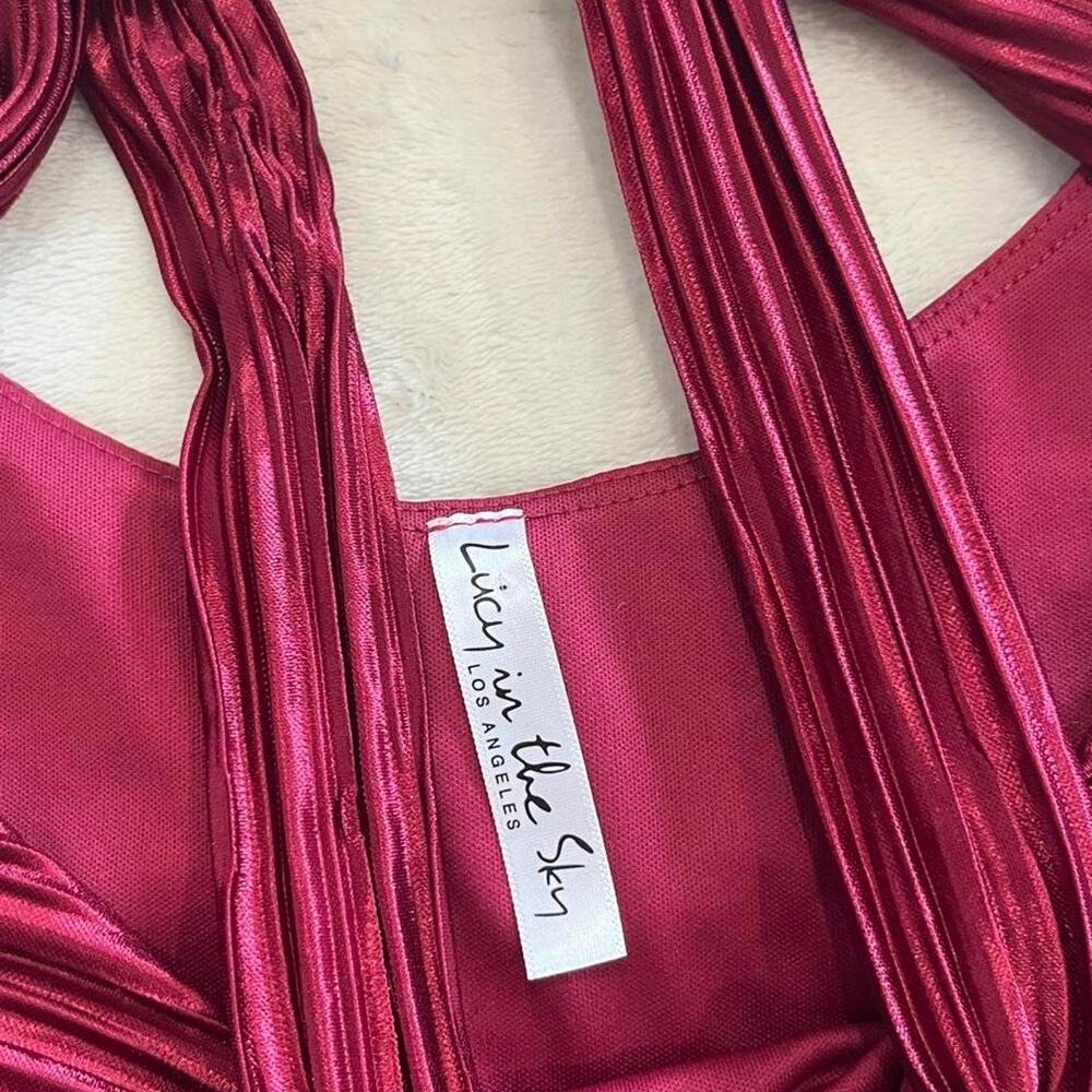 Lucky in the Sky Pleated Satin Knot Dress in Wine Small - Picture 4 of 5